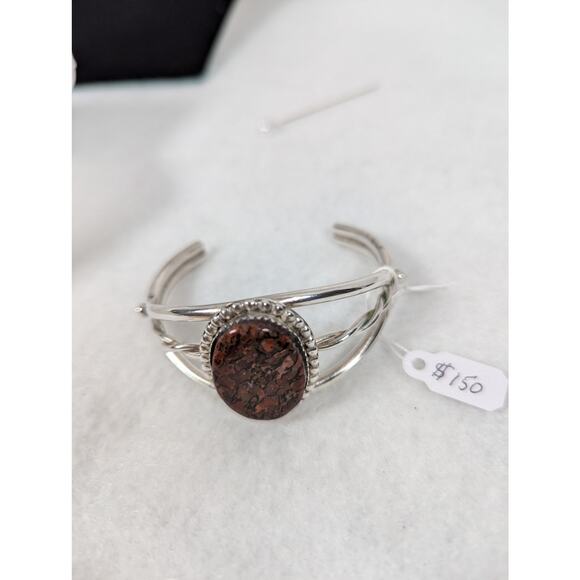 Sterling silver cuff jasper stone bracelet 7"wrist 38 grams ball + bezel setting - Picture 5 of 8